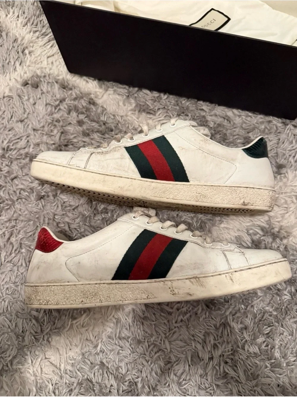 Gucci White Leather Low-Top Sneakers with Red & Green Snake Embroidery